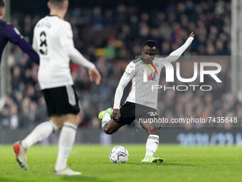 Jean Michaël Seri of Fulham kicks the ball during the Sky Bet Championship match between Fulham and Derby County at Craven Cottage, London o...