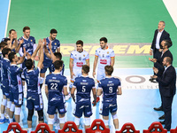 Consar Rcm Ravenna players take to the volleyball court during the Volleyball Italian Serie A Men Superleague Championship Cucine Lube Civit...