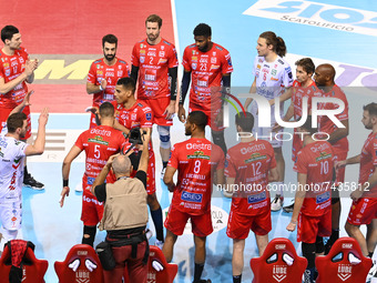Cucine Lube Civitanova players take to the volleyball court during the Volleyball Italian Serie A Men Superleague Championship Cucine Lube C...