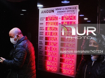 People making transactions in exchange offices in Istanbul, Turkey on November 23, 2021. The Turkish lira depreciated after Turkish Presiden...
