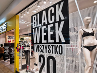 Black Friday Week advertisement banner at the Main Square in Krakow, Poland on November 24, 2021 (