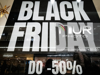 Black Friday advertisement banner in Galeria Krakowska shopping mall in Krakow, Poland on November 24, 2021 (