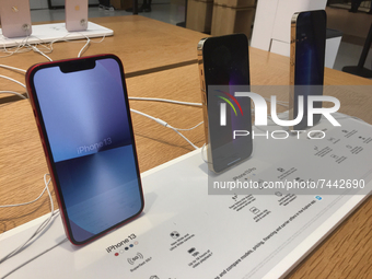 The iPhone 13 Pro on display at an Apple store at a shopping mall the day before Black Friday in Toronto, Ontario, Canada, on November 25, 2...