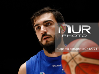 Amedeo Tessitori of Italy looks on during the warm-up ahead of the FIBA Basketball World Cup 2023 Qualifying Tournament match between Russia...