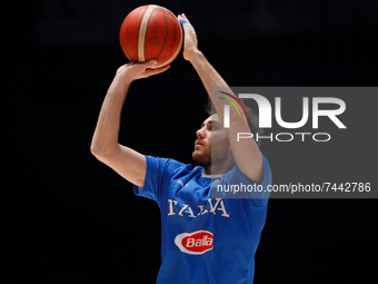 Alessandro Pajola of Italy shoots the ball during the warm-up ahead of the FIBA Basketball World Cup 2023 Qualifying Tournament match betwee...
