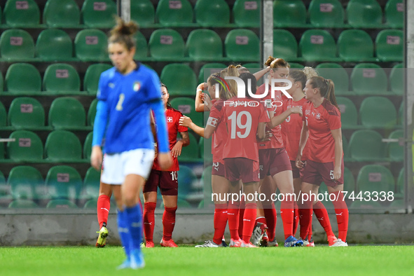 Switzerland's forward Ana-Maria Crnogorcevic (hidden) celebrates with teammates after scoring the 0-2 goal  during the FIFA World Cup Women&...