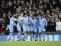 Raheem Sterling of Manchester City celebrates his goal with teammates during the UEFA Champions League, Group A football match between Manch...