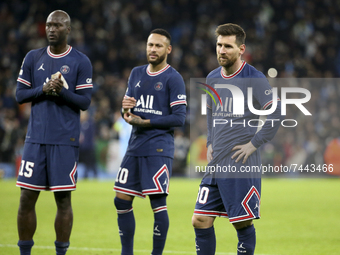 Lionel Messi, left Danilo Pereira, Neymar Jr of PSG salute their supporters following the UEFA Champions League, Group A football match betw...