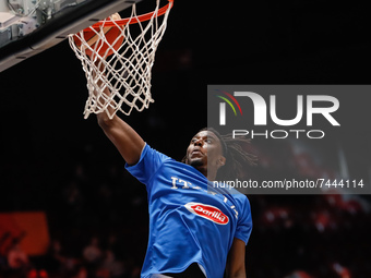 Nicola Akele of Italy in action during the warm-up ahead of the FIBA Basketball World Cup 2023 Qualifying Tournament match between Russia an...