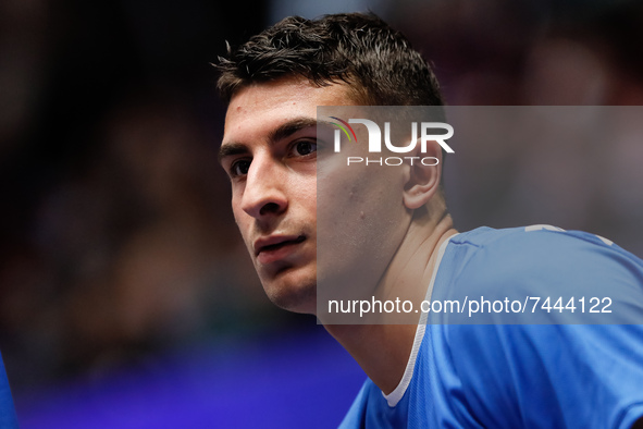 Giordano Bortolani of Italy looks on during the warm-up ahead of the FIBA Basketball World Cup 2023 Qualifying Tournament match between Russ...