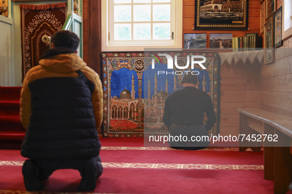 Faithful pray inside mosque in Bohoniki, Poland on November 21, 2021. Bohoniki Mosque is one of the five open mosques in Poland. It is also...