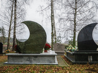 Graves at Tatar Muslim cemetery in Bohoniki, Poland Bohoniki, Poland on November 21, 2021. I is the largest existing Muslim cemetery in Pola...