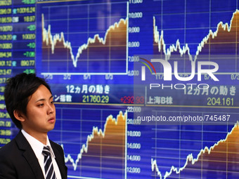 A pedestrian walks past a display stock markets of Tokyo's Nikkei Stock Average in Tokyo, Japan, 21 August 2015. The 225-issue Nikkei Stock...