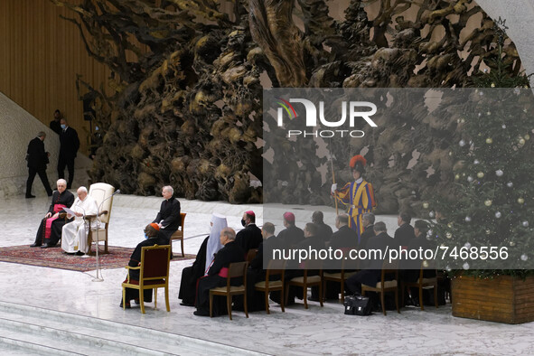 Pope Francis attends his weekly general audience in the Paul VI Hall at the Vatican, Wednesday, Dec. 1, 2021.  