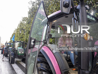 A young rancher poses for the camera from her pink tractor in the middle of Calle Uría, the main avenue of the Asturian capital. Oviedo. Ast...