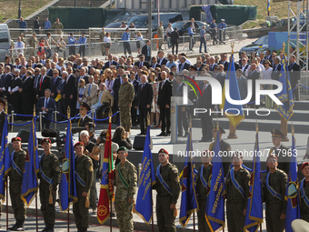 The supreme political and military leaders of Ukraine hold a review of troops during a march on the occasion of Independence Day. Ukrainians...