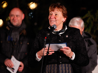 Mayor of Oslo Marianne Borgen gives a speech before the switching-on of the Christmas tree lights in Trafalgar Square in London, England, on...