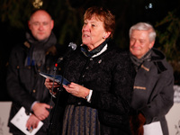 Mayor of Oslo Marianne Borgen gives a speech before the switching-on of the Christmas tree lights in Trafalgar Square in London, England, on...