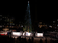 The Trafalgar Square Christmas tree stands lit following the switching-on ceremony attended by Mayor of London Sadiq Khan and Mayor of Oslo...