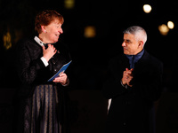 Mayor of Oslo Marianne Borgen, left, speaks with Mayor of London Sadiq Khan at the switching-on of the Christmas tree lights in Trafalgar Sq...