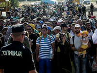 Refugees in groups wait to be transported with trains to the Macedonian-Serbian border by train at Gevgelija on August 23, 2015. (Photo by K...