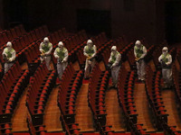 Workers disinfection at auditorium au Sejong culture center in Seoul, South Korea, in this pictures taken date is Jun 16, 2015. South Korea'...