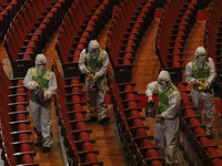Workers disinfection at auditorium au Sejong culture center in Seoul, South Korea, in this pictures taken date is Jun 16, 2015. South Korea'...