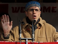 Omar Abdullah, Former Chief minister of Jammu and Kashmir speaks during his visit to Baramulla, Jammu and Kashmir, India on 11 December 2021...