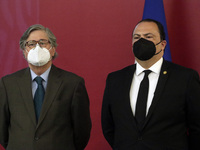 The ambassadors of Ecuador and Guatemala to Mexico , Francisco Carrión Mena and  Mario Búcaro, during the agreement of the creation of a gro...