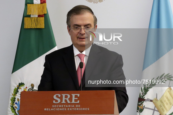Mexican Foreign Affairs Minister Marcelo Ebrard, speaks  during the agreement of the creation of a group against the international human tra...
