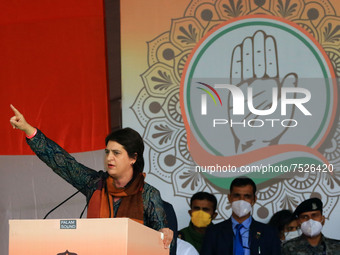 Congress leader Priyanka Gandhi Vadra addresses during the party's 'Mehangai Hatao Rally' against the Central government, in Jaipur, Rajasth...