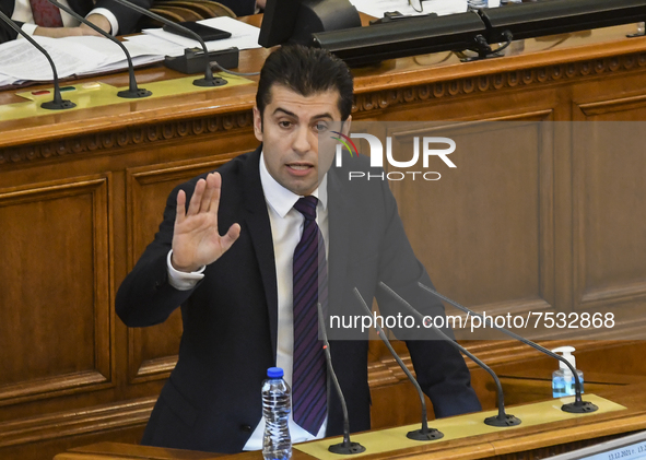 Bulgaria's new Prime Minister and leader of We Continue the Change (PP) party Kiril Petkov giving speach in Bulgarian Parliament in Sofia, B...