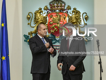 Bulgarian President Rumen Radev meets old prime minister Stefan Yanev  in Sofia, Bulgaria on 13 December 2021 . (