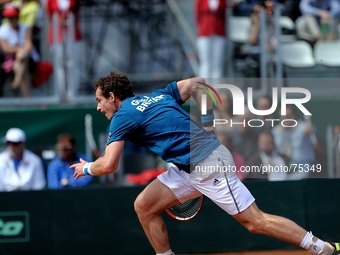 Andy Murray of Great Britain during his straight sets defeat in the fourth rubber by Fabio Fognini of Italy during day three of the Davis Cu...