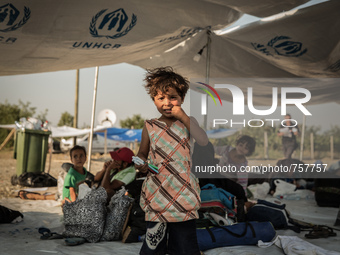 Syrian children are playing with toys and games provided by Volunteers or UNHCR or UNICEF, near the Macedonian town of Gevgelija, on August...