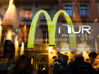 McDonald's logo is seen on the restaurant in Krakow, Poland on December 30, 2021. (