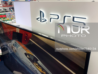 PlayStation 5 logo is seen at the store in Krakow, Poland on December 30, 2021. (