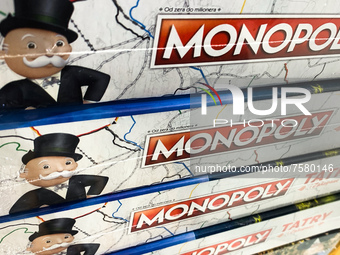 Monopoly logos are seen on board games at the store in Krakow, Poland on December 30, 2021. (