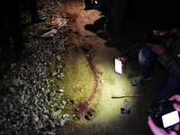 Bloodstain marks at the encounter site on the outskirts of Srinagar, Indian Administered Kashmir on 03 January 2022.  Top militant commander...