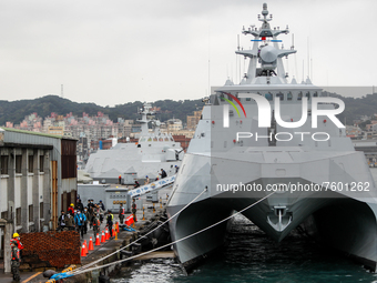 A Taiwanese military corvette is docked at Navy base during a Navy Drill for Preparedness Enhancement ahead of the Chinese New Year, amid es...