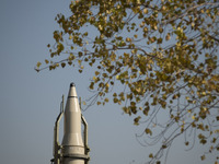 An Iranian Qiam short-range surface-to-surface ballistic missile is pictured during a military exhibition to mark the anniversary of an Iran...