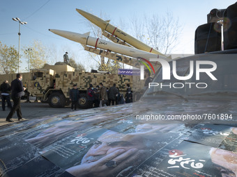Iranian solid-propelled road-mobile single-stage missile, Zolfaghar Basir (Top) and Dezful medium-range ballistic missile are pictured durin...