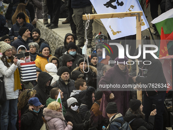 People in front of Bulgarian parliament building during protest against green certificates and vaccinations on January 12, 2022 in Sofia, Bu...