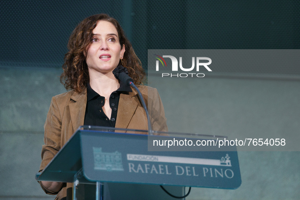 The president of the Community of Madrid, Isabel Diaz Ayuso, during  at the presentation of the book 'Liberalismo a la madrileña', at the Fu...