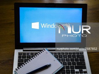 Windows 10 operating system logo is displayed on a laptop screen for illustration photo. Gliwice, Poland on January 23, 2022. (