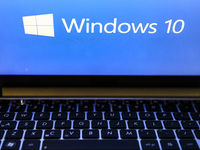 Windows 10 operating system logo is displayed on a laptop screen for illustration photo. Gliwice, Poland on January 23, 2022. (