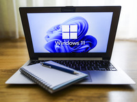 Windows 11 operating system logo is displayed on a laptop screen for illustration photo. Gliwice, Poland on January 23, 2022. (