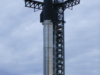SpaceX's newly stacked launch vehicle, Starship, is seen at first light on Friday, February 11th, 2022, the morning after Elon Musk's presen...