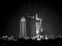 in the fog before dawn, Spacex CRS 24, a Falcon 9 Rocket, lifts off from launch pad 39A on a resupply mission and Christmas Gift delivery to...