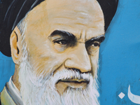 Close-up of a sign with the image of Ayatollah Khomeini in the Khomeini Chowk area of the town of Kargil in Ladakh, Jammu and Kashmir, India...